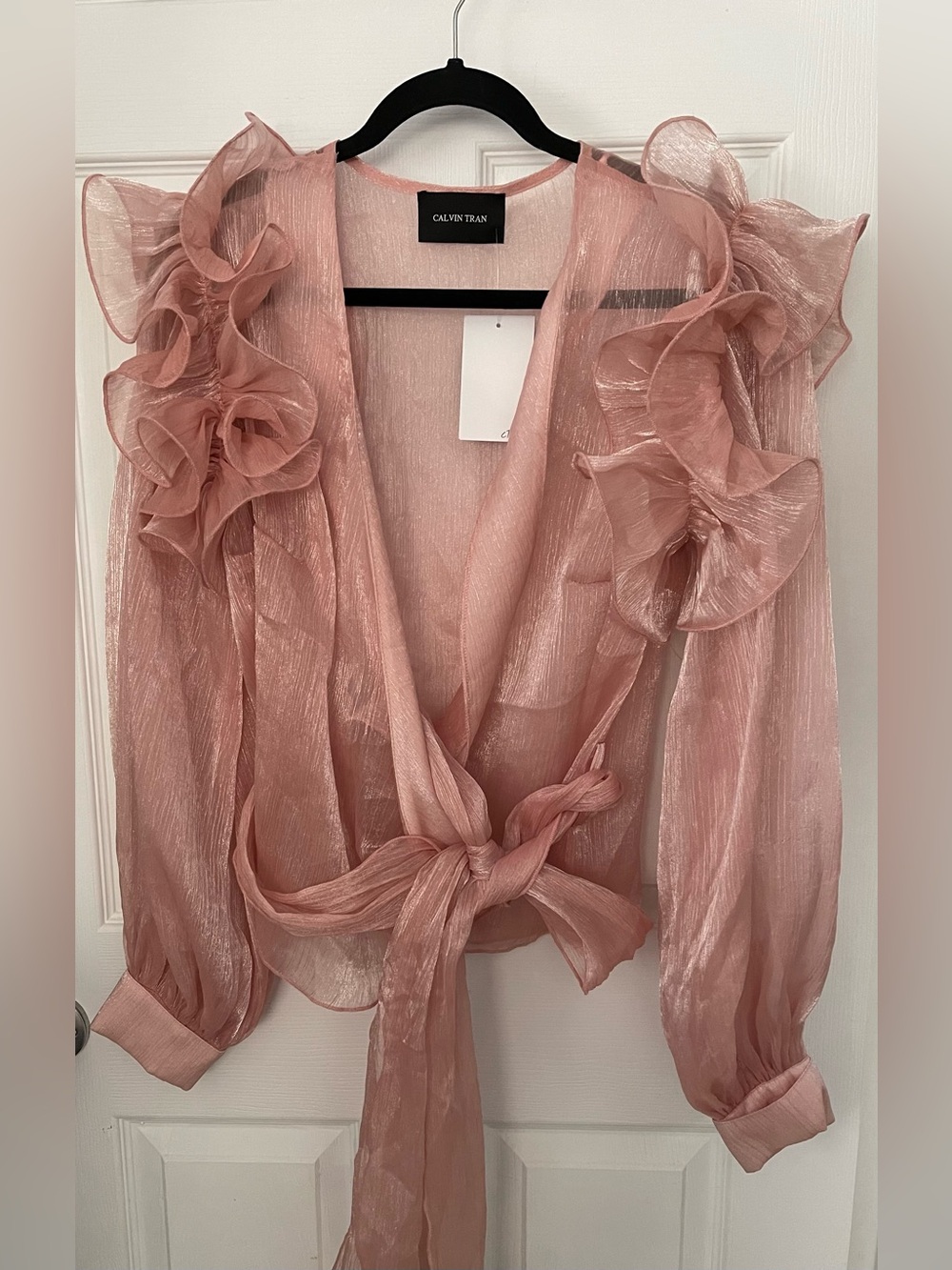 CALVIN TRAN Sheer Shimmer Ruffle Wrap Cascading Shoulder Ruffles Blouse Size M